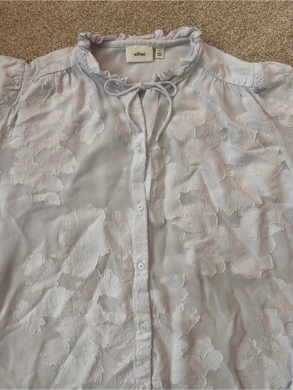 Aritzia Wilfred Alexis Blouse Ice Lavender Floral Burnout Chiffon Ruffle Small - Picture 8 of 13